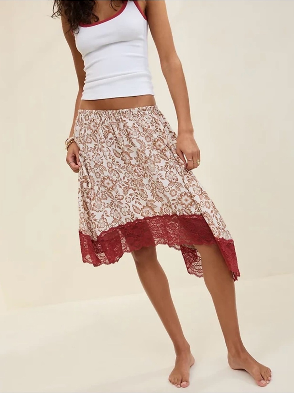 aerie Handkerchief Floral Midi Skirt Wine Lace Hem EUC Sz L Boho Festival Fairy